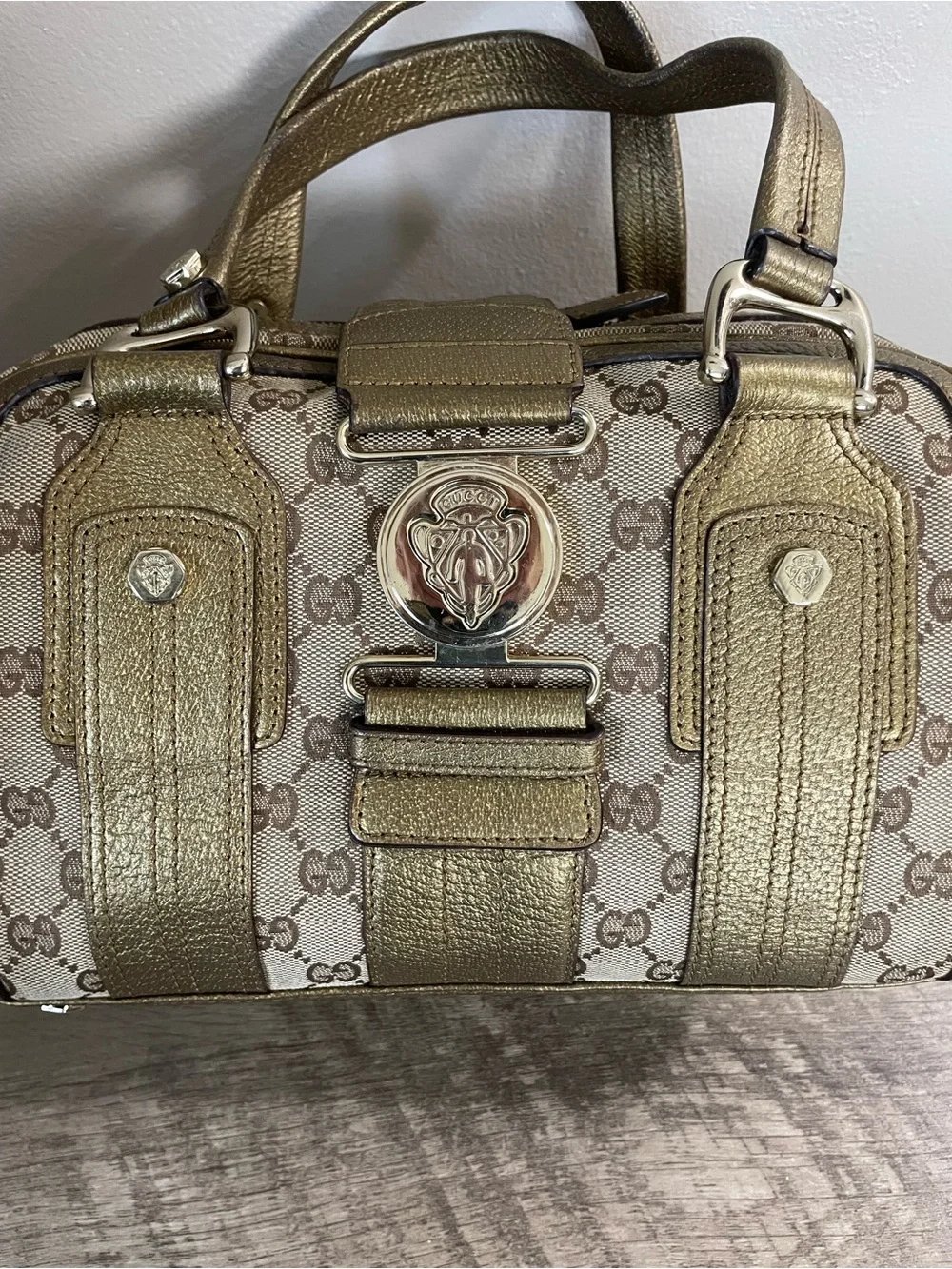GUCCI Signature GG Monogram METALLIC GOLD Leather AVIATRIX Boston BAG Purse - Picture 5 of 8